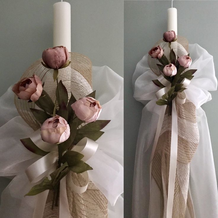 two pictures of a candle with flowers on it and one has a ribbon wrapped around it