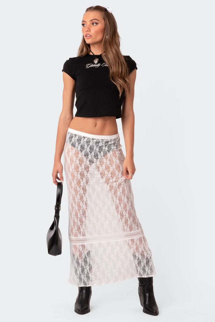 Sandra Sheer Lace Maxi Skirt – edikted Hippies, Jazz Concert Outfit, White Lace Skirt Outfit, Midi Skirt Y2k, 90s Fashion For Women, Alexis Bliss, Lace Maxi Skirt, Skirt Streetwear, Mesh Maxi Skirt