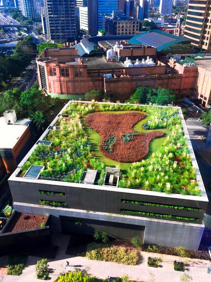 an aerial view of a green roof with trees and plants growing on it in the city