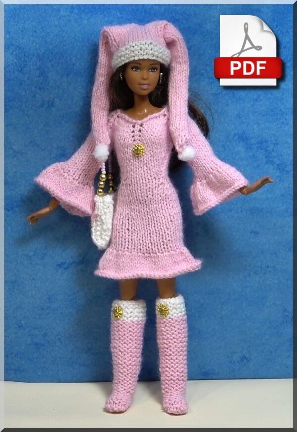 a barbie doll is wearing a pink knitted dress and boots with her hands on her head