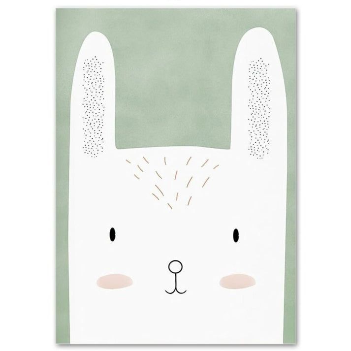 a white rabbit with black eyes on a green background