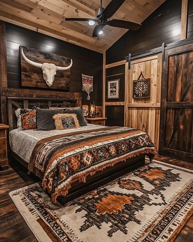 a bedroom with a bed, rug and cow skull on the wall