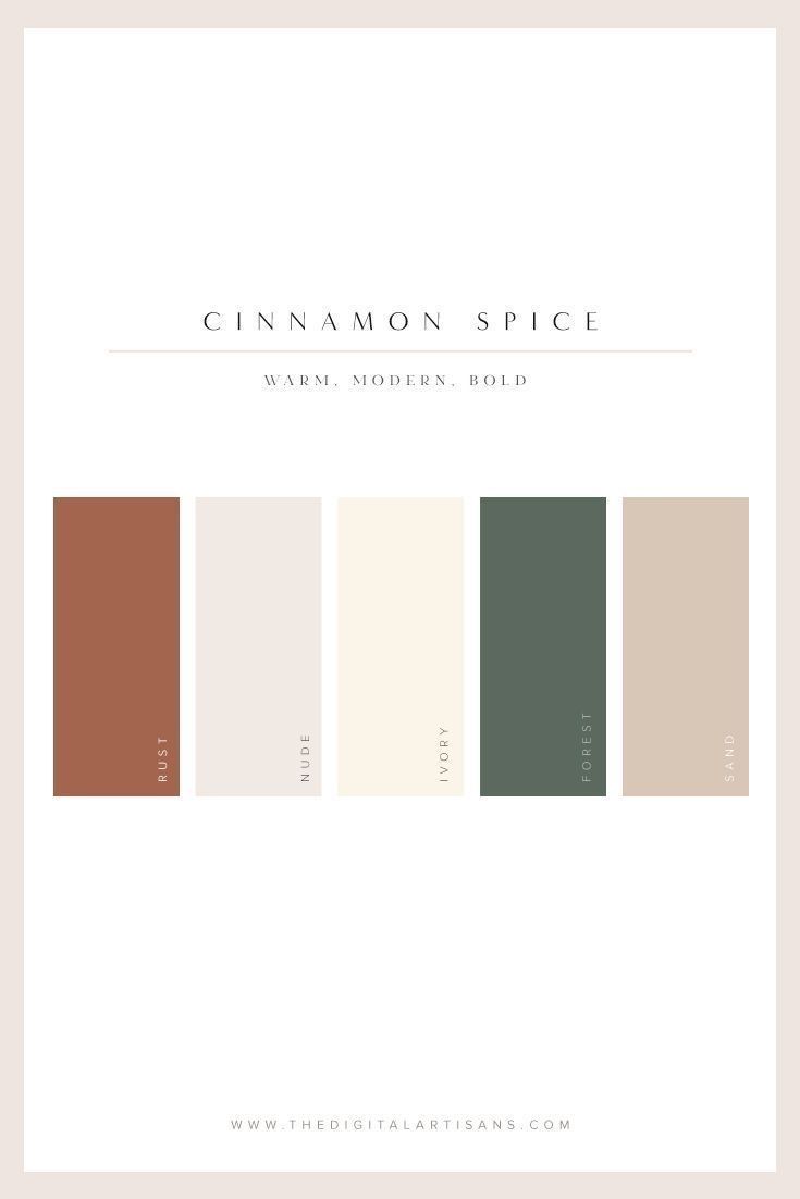 the cinnamon spice color palette is shown in shades of brown, green and beiges