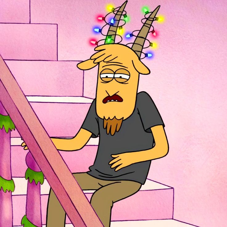 a cartoon character sitting on top of a set of stairs with lights all over his head