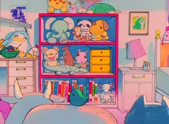 a cartoon bedroom with many stuffed animals on the shelves