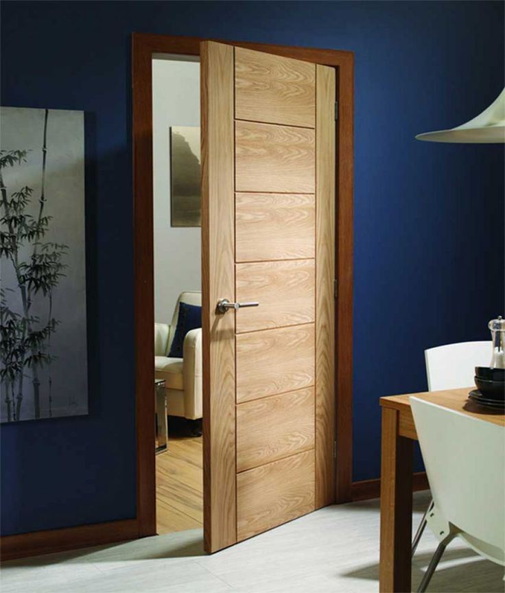 an open wooden door in a blue room