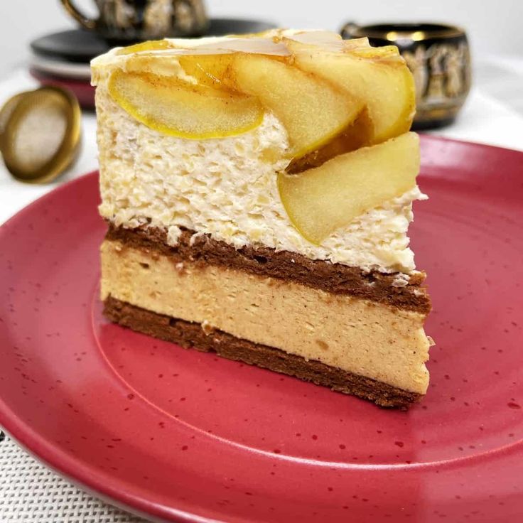 an apple mousse cake on a red plate with the words, step - by - step recipe