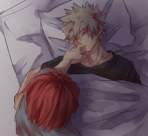 an anime character laying in bed with his head on the pillow