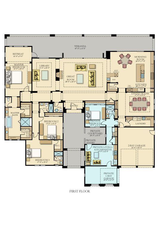 the floor plan for a four bedroom apartment with an attached kitchen and living room area