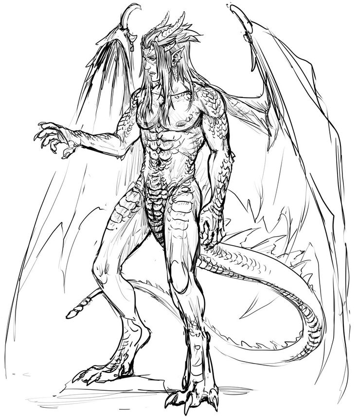 a black and white drawing of a demon standing in front of a giant dragon with wings