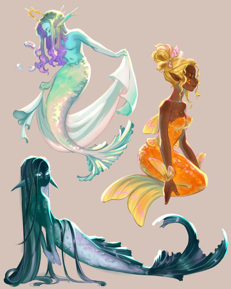 three mermaids with different hair styles and colors