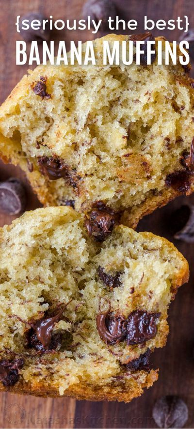 two chocolate chip banana muffins cut in half on top of a wooden table