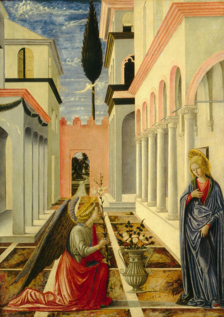 an angel kneeling down next to a woman in a courtyard