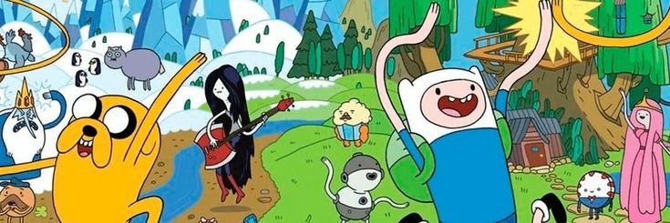 cartoon characters are standing in the woods with their hands up and one person is holding an object