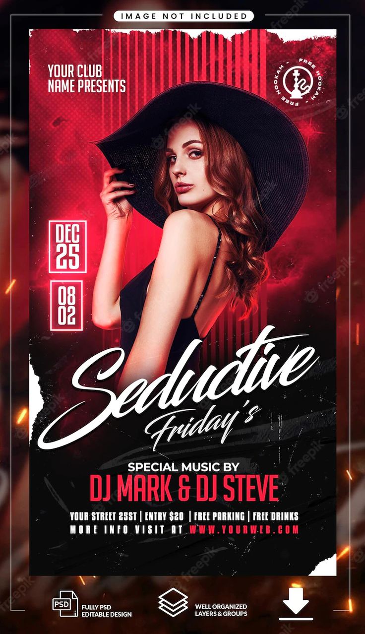 a flyer for a nightclub party with a woman in a black hat and red background