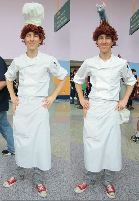 two pictures of a man wearing a chef's hat and apron