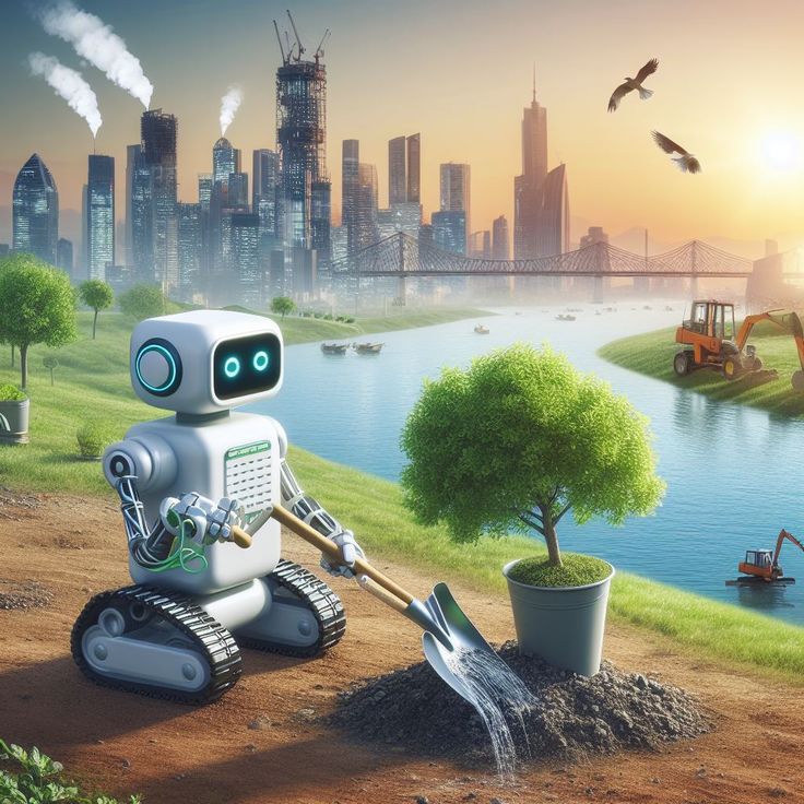 a robot watering the ground in front of a city