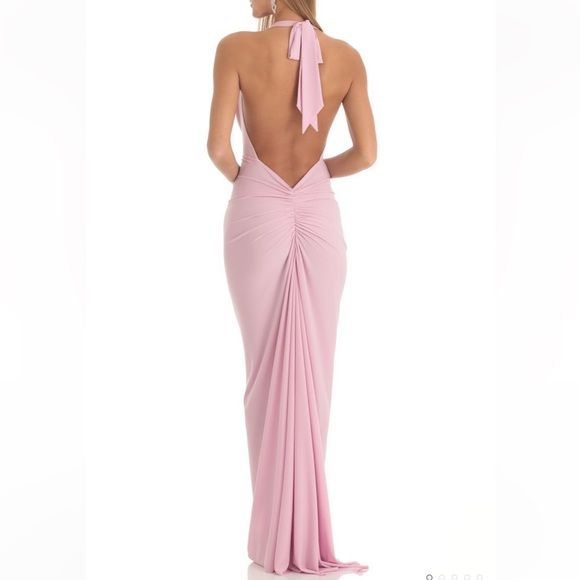 Pink dress Pink Halter Prom Dress, Pink Cowl Neck Dress, Pink Backless Prom Dress, Blush Pink Dress Outfit, Cowl Neck Prom Dress, Light Pink Prom Dresses, Long Backless Dress, Light Pink Prom Dress, Pink Dress Outfits