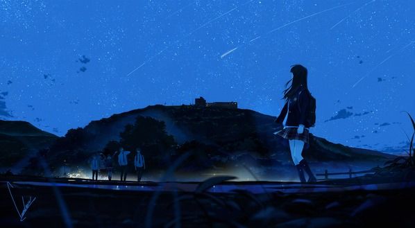 a woman standing on top of a hill under a sky filled with stars