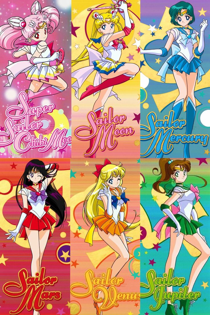 sailor moon wallpapers are all in different colors and sizes, with stars on the background