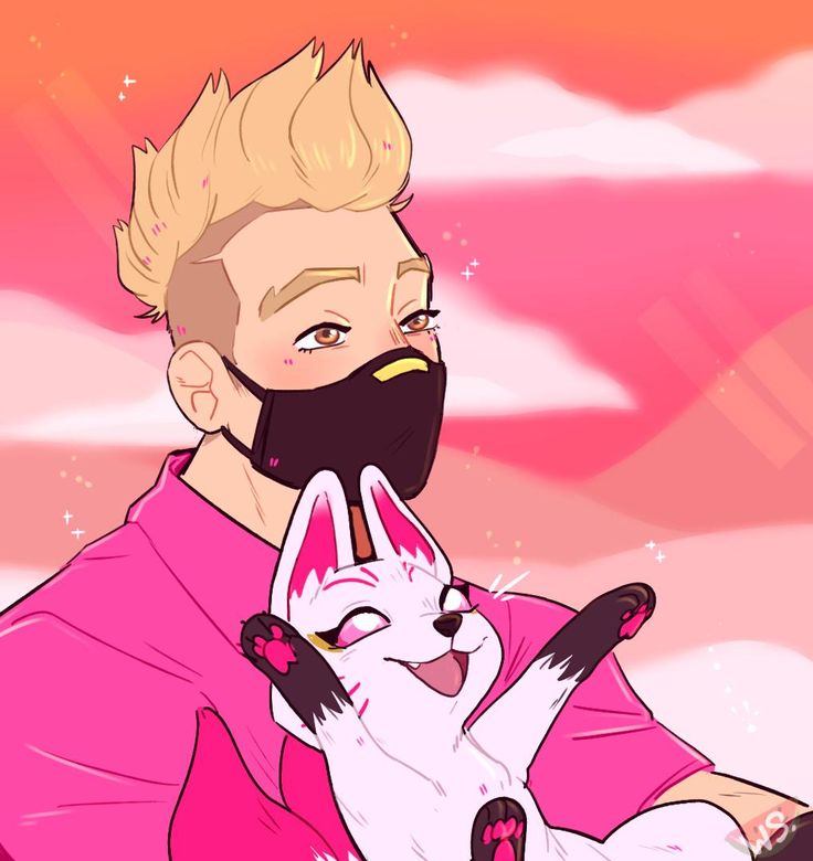 a man with a beard holding a cat in front of a pink sky and clouds