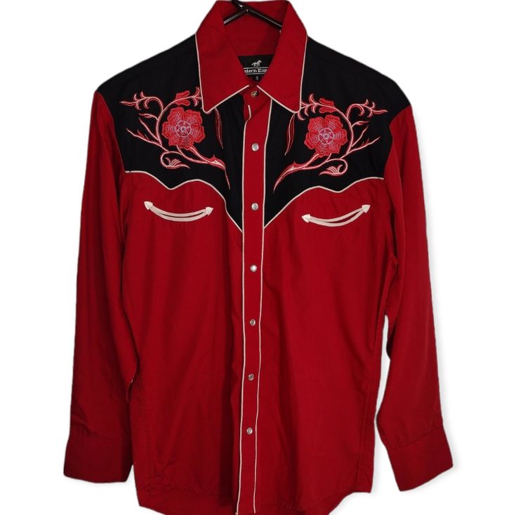 Men's Western Shirt Red And Black Embroidery Wild West Shirt, Cowboy Outfit Men, Cowboy Shirts For Men, Gay Cowboy, Cowboy Aesthetic, Barn Dance, Dance Ideas, Classy Outfits Men, Rodeo Shirts