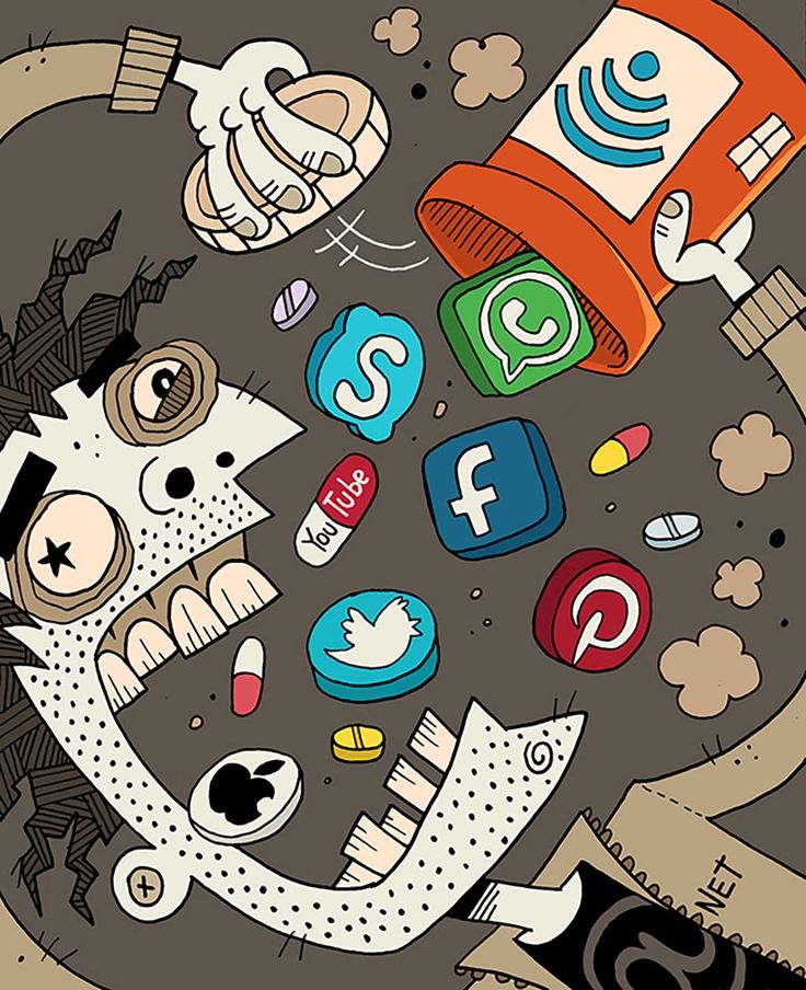 an image of a cartoon character surrounded by social media icons and other things that appear to be flying in the air