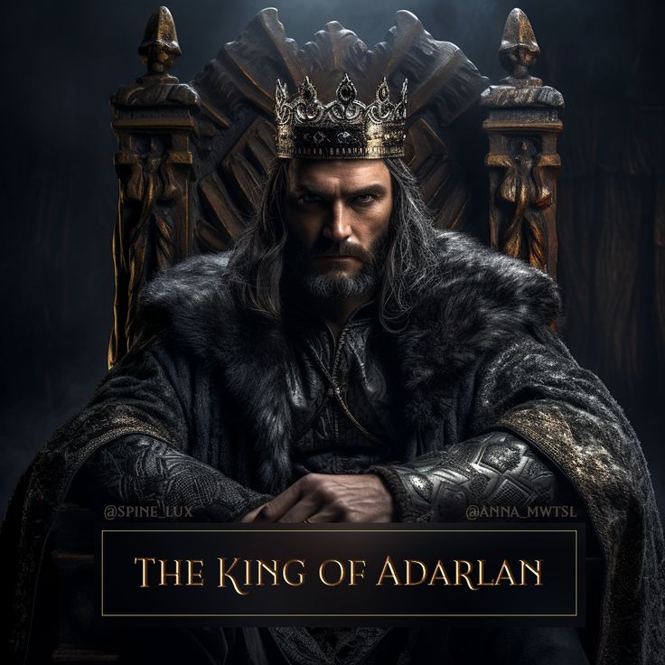 a man sitting on top of a throne in front of a dark background with the words,