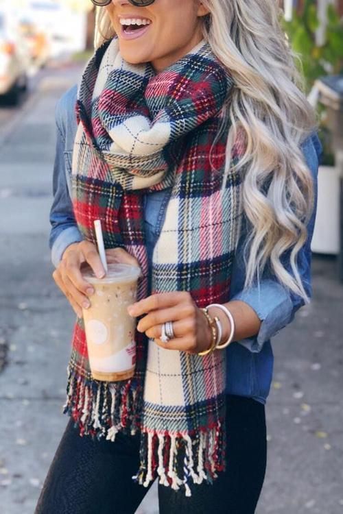 Plaid Blanket Scarf, Tassel Scarf, Casual Winter Outfits, Casual Fall Outfits, Long Scarf, Preppy Outfits, Outfits Casuales, Comfortable Fashion, Plaid Scarf