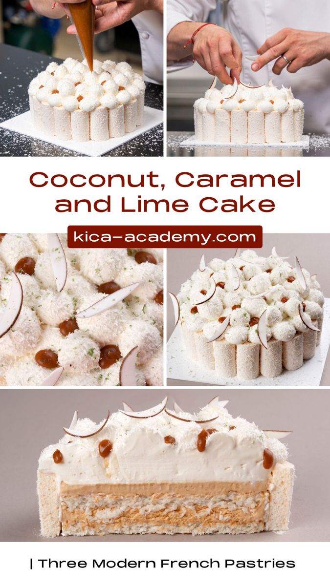 there is a collage of pictures showing how to make coconut caramel and lime cake