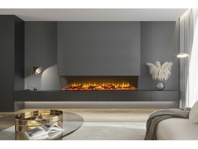 a modern living room with a fireplace in the center