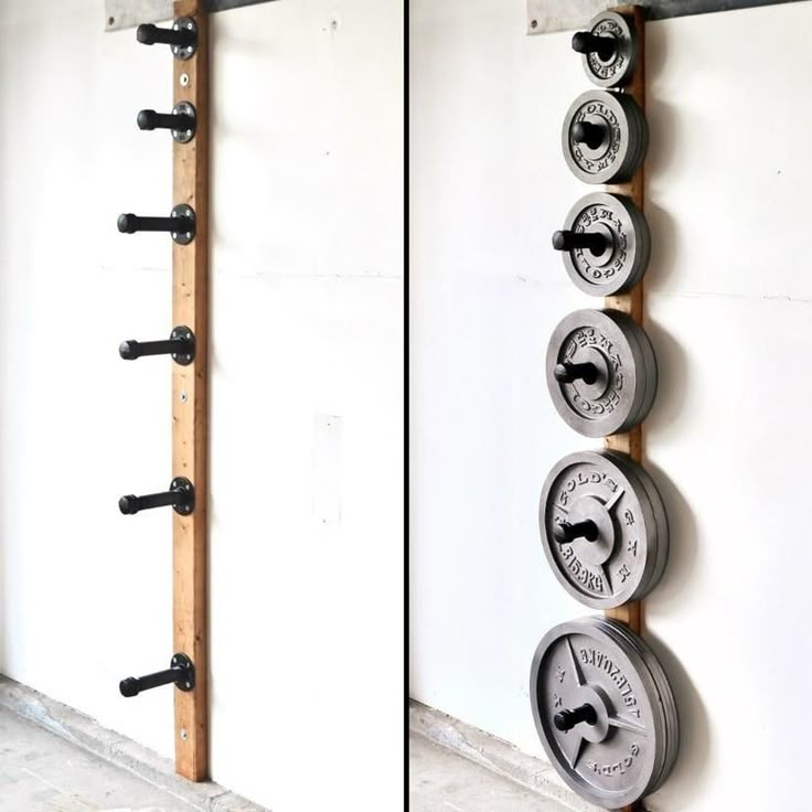 there are three different types of barbells hanging on the wall next to each other