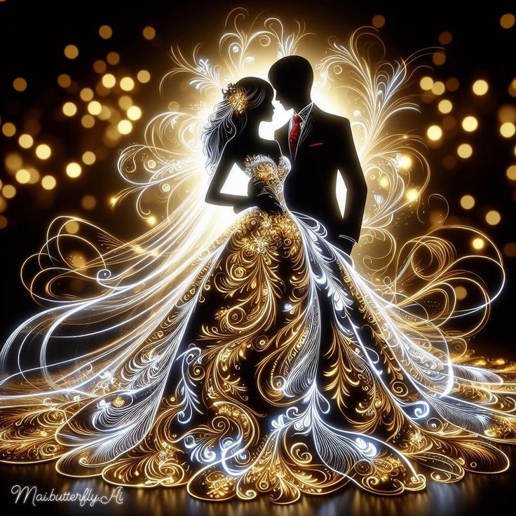 a couple dressed in wedding attire standing next to each other on a black background with gold and white swirls