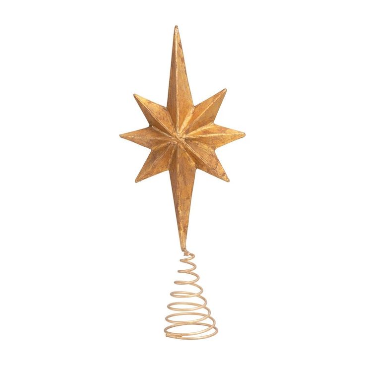 a gold christmas tree topper with spirals on the bottom and a star hanging from it's side