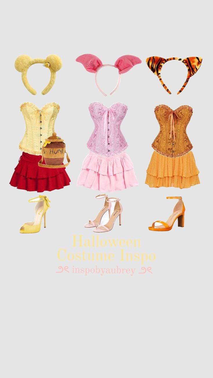 four different dresses and shoes for halloween