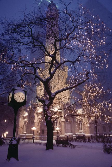 a large clock tower towering over a snow covered park at night with lights on the trees