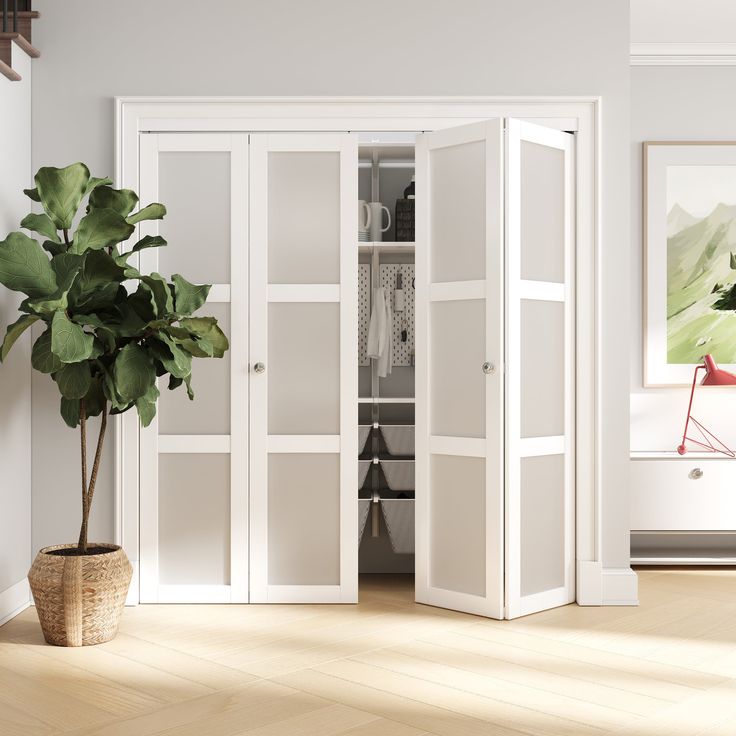 a potted plant sitting in the corner of a room next to two white doors