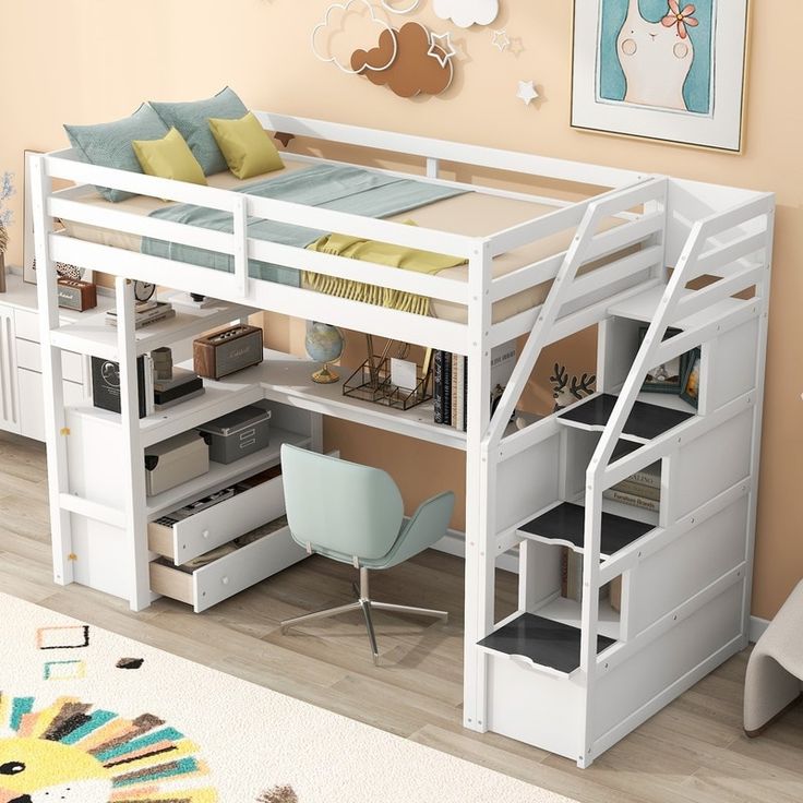 a white loft bed with desk underneath it