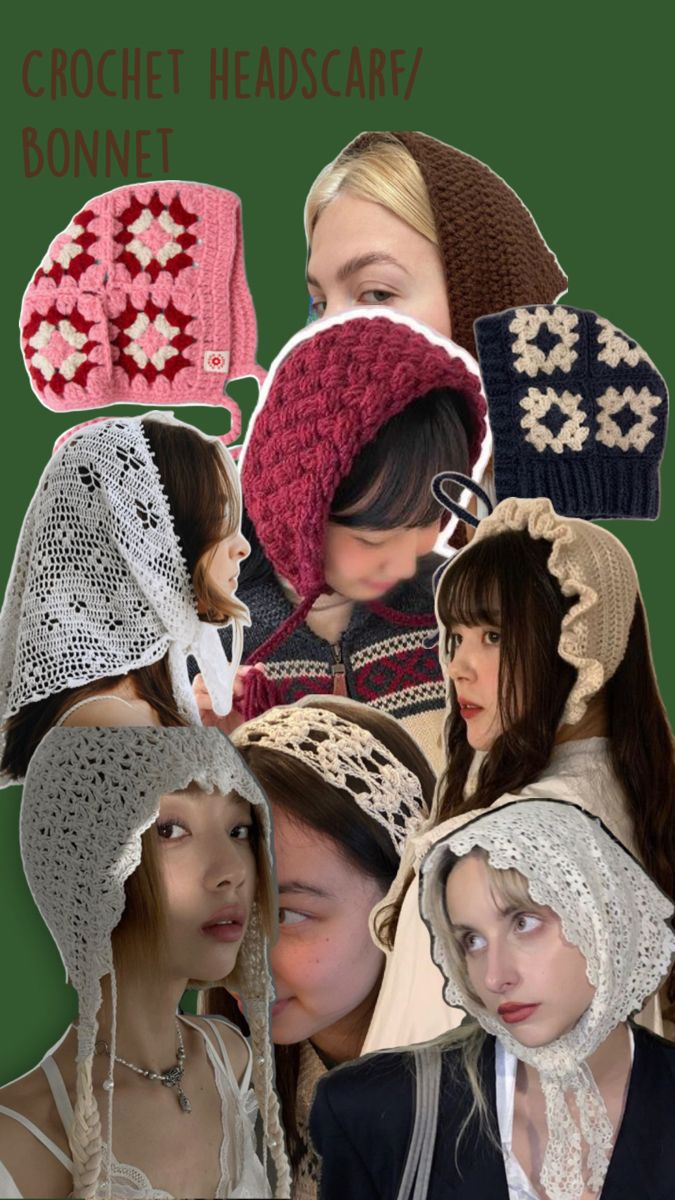 a collage of crochet headscarves and bonnets