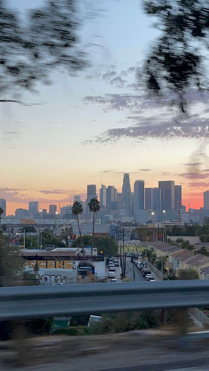 the city skyline is seen from an overpass in this view looking down at palm trees