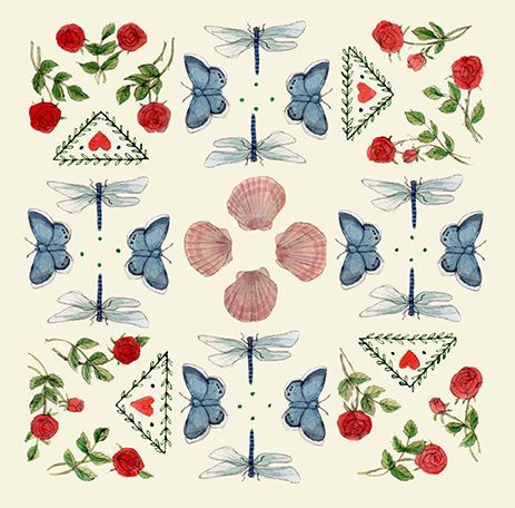 an image of a flower and butterflies on a white background with red roses in the middle