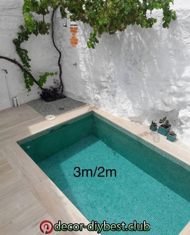 an empty swimming pool in front of a white stucco wall with ivy growing on it