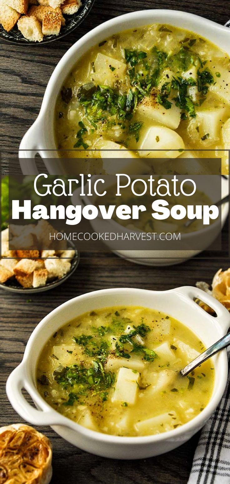 garlic potato hangover soup in a white bowl