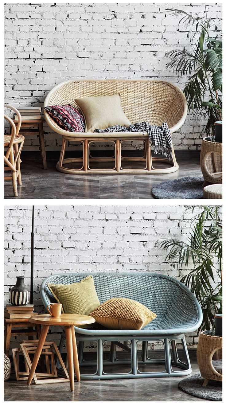 two pictures of the same couch and table in front of a brick wall with plants