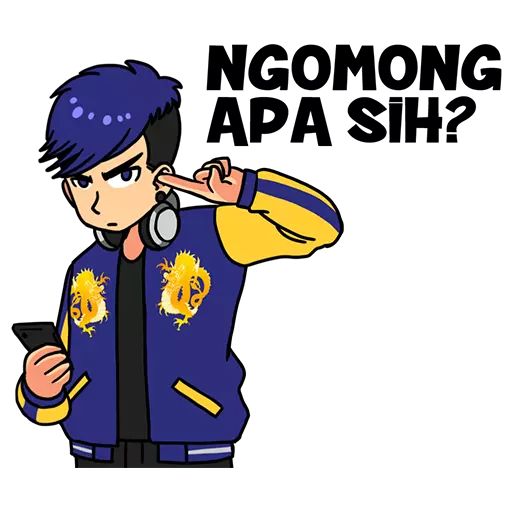 a man wearing a blue and yellow jacket is looking at his cell phone with the words ngomongg apa shi?