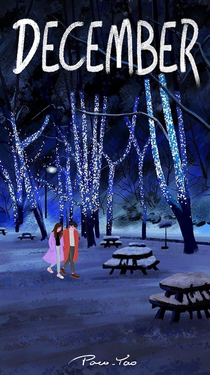 a couple kissing in the middle of a park at night with lights on trees and benches