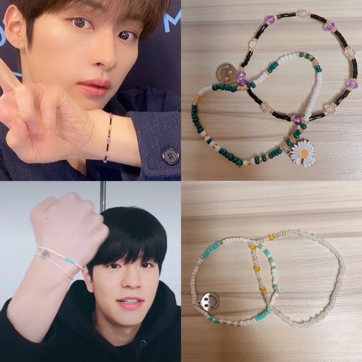 two pictures of the same person wearing bracelets and one with a peace sign on it