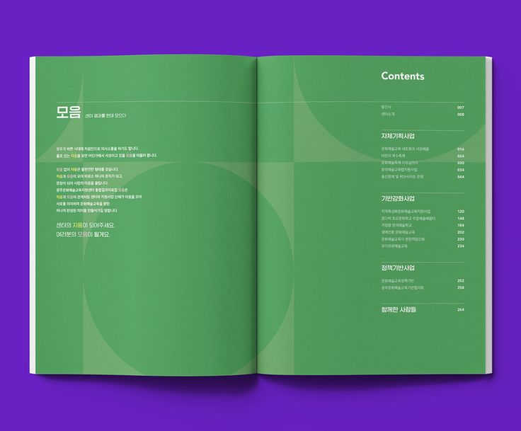 an open brochure showing the contents of a green and white book on a purple background