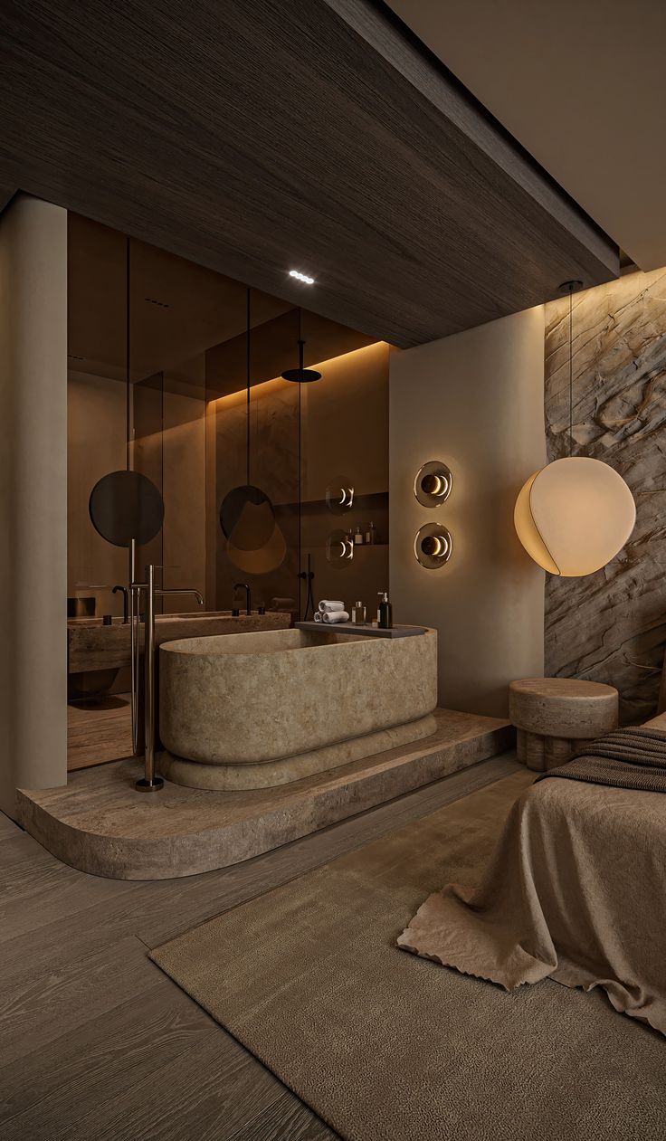 a bathroom with a large stone bathtub next to a bed