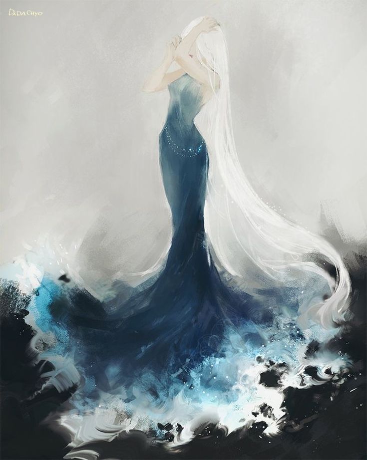 a painting of a woman in a blue dress with white hair and flowing water around her